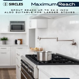 SIRCLES Pot Filler Faucet - Brushed Nickel Finish - Extra Long 26-inch - Wall Mount Stainless Steel - Dual 360° Swing Joints - Teflon Tape & Extra Cartridge Included