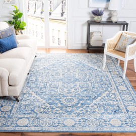 SAFAVIEH Brentwood Collection Area Rug - 9' x 12', Ivory & Navy, Medallion Distressed Design, Non-Shedding & Easy Care, Ideal for High Traffic Areas in Living Room, Bedroom (BNT832A)
