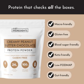 JUST INGREDIENTS Creamy Peanut Butter Chocolate Protein Powder – 30-ServingBlend with Grass-Fed Whey, Pea, Pumpkin Seed, Chia & Collagen – No Sugar Added – No Gums 24g Protein