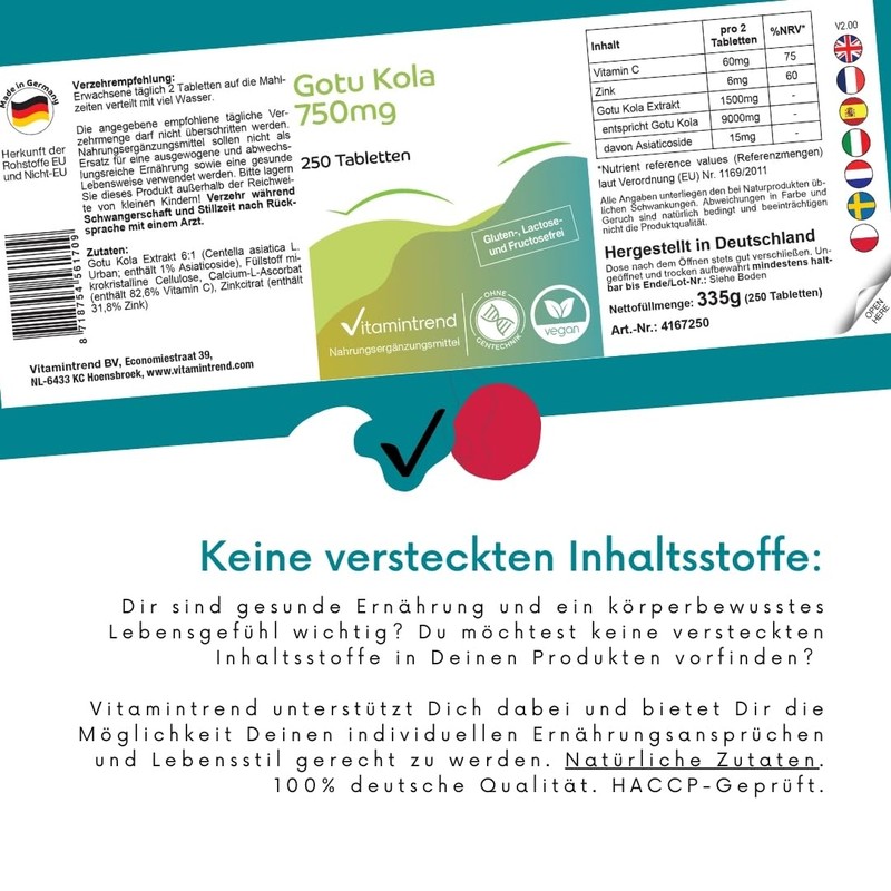 Vitamintrend Gotu Kola 750 mg, 250 Tablets, High Dose Gotu
