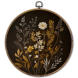 Fewgb Vintage Black Botanical Floral Flower Round Wall Art Decor Framed for Bedroom Living Room Kitchen, Dark Wildflower Canvas Wall Art Prints Picture, Fall Leaves Hanging Room Decor Artwork 10x10