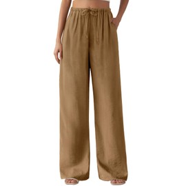 Feiersi Women's Casual Pants Drawstring Elastic Waist Pants Flowy Wide Leg Beach Trousers with Pockets(Khaki,Medium)