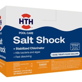 HTH 52047 Swimming Pool Care Salt Shock, Stabilized Chlorinator, 1 dose Treats 10000 gallons, 5x12oz Packets