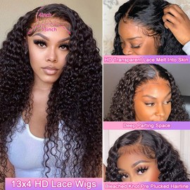 miear Deep Wave Lace Front Wigs Human Hair 180% Density HD Transparent 13x4 Deep Curly Lace Front Wigs Pre Plucked with Baby Hair Glueless Wigs Human Hair for Black Women 32Inch