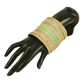 Touchstone Colorful 2 Dozen Bangle Collection Indian Bollywood Designer Jewellery Pastel Pistachio Gold Glaze Special Large Bangle Set of 24 Gold Tone Bangles for Women, Metal