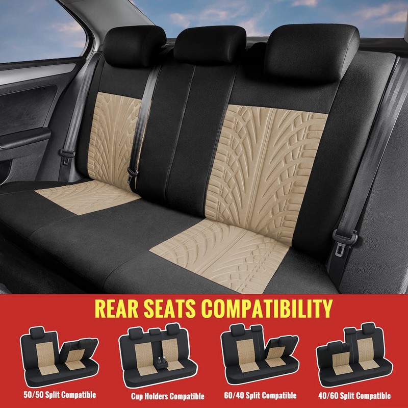 AUTOYOUTH Beige Car Seat Covers Full Set, 3D Tyre Embossed