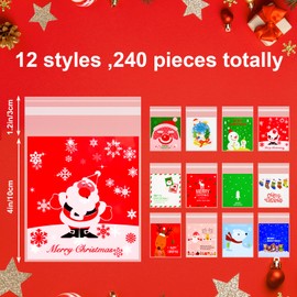 BOUBONI 240 PCS Christmas Treat bags Self-Adhesive Candy Goodie Bag for Christmas Holiday Party Favor Gift Decoration Supplies (Green,Blue,Red)