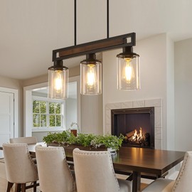 Farmhouse Dining Room Light Fixture, 3-Light Wood Kitchen Island Lighting for Dining Room Over Table, Black Adjustable Pendant Light with Clear Glass Shades, Linear Chandeliers Lighting for Kitchen