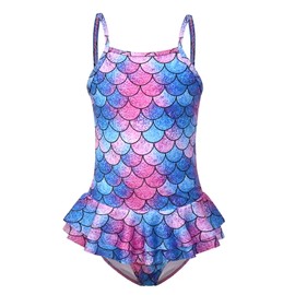 Mermaid Swimsuits Girls Ruffle One Piece Bathing Suits with Skirts Blue Fish Scales Swimwear,Size 10 11