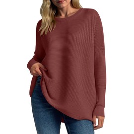 ANRABESS Womens Oversized Batwing Long Sleeve Ribbed Knit Sweaters 2025 Fall Outfits Rust Medium
