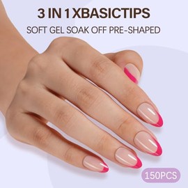Misssix XBASICTIPS Uñas postizas francesas, 150 unidades, puntas de gel francesas cortas almendra, gel suave preformado, sin necesidad de limar, 3 en 