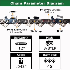 UPFOREST 3-Pack 12 Inch Chainsaw Chain R45, 3/8" LP Pitch - .043" Gauge - 45 Drive Links Compatible with DeWalt DCCS620 Ryobi RY40500 Black & Decker LCS1240B Worx WG38 (90YNS45X3)