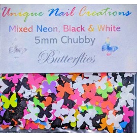 Unique Nail Creations NEON BUTTERFLY GlitterU Choose Color~Nail Art•Acrylic•Ge - 5MM Mixed Neon/Black&White Chubby