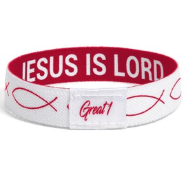 Great 1 JESUS IS LORD Ichthys Symbol/Jesus Fish Bracelet - Inspirational Religious Christian Reversible Stretch Wristband (Red, Medium)