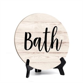 Round Bath, Light Wood Color Bathroom Table Sign with Acrylic Easel (5 x 5")