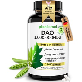 120 DAO capsules - 1,000,000 HDU per day - perfect dosage with 333,333 HDU per capsule (1 to 3 capsules/day) - 100% DAO vegan - DAO enzyme from peas - not from pig kidney - plantomol®