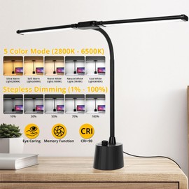 LED Desk Lamp 2600 Lumens 12W, Dual Head Table Lamp with 5 Color Modes & Stepless Dimming, 10W with Smart Dual USB Charging, Adjustable Office Light for Home, Study, Bedroom (Black, Adapter Included)