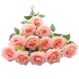 LVEFIT 12pcs Artificial Rose Flower Coral Peach Flower with Long Stem Silk Roses Bouquet for Wedding Bridal Shower Party Home Decoration