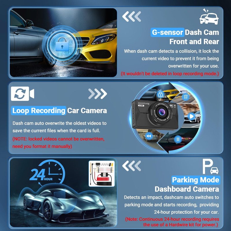 Dash Cam Front and Rear, 4K Dash Cam WiFi/APP Control