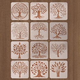 12 Pcs Stencils for Crafts Reusable，Tree Stencils，Tree of Life Stencils for Painting with Round Ring Natural Plants Stencil for Painting DIY Art Crafts Scrapbook Wall Décor