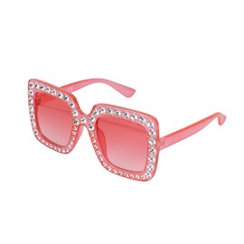 FLAWLESS Oversized Square Frame Bling Rhinestone Crystal Design Sunglasses For Women (Pink)