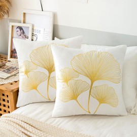Set of 2 Cushion Covers, White, 45 x 45 cm, Velvet Cushion Covers, Gold Lines, Ginkgo Biloba Leaves Pattern, Decorative Cushion, Soft, Comfortable Cushion Covers for Bedroom, Sofa, Couch, Bed
