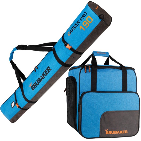 BRUBAKER Combo Set Carver Performance - Ski Bag and Ski Boot Bag for 1 Pair of Skis + Poles + Boots + Helmet - Blue Black - 74 3/4 Inches / 190 cm