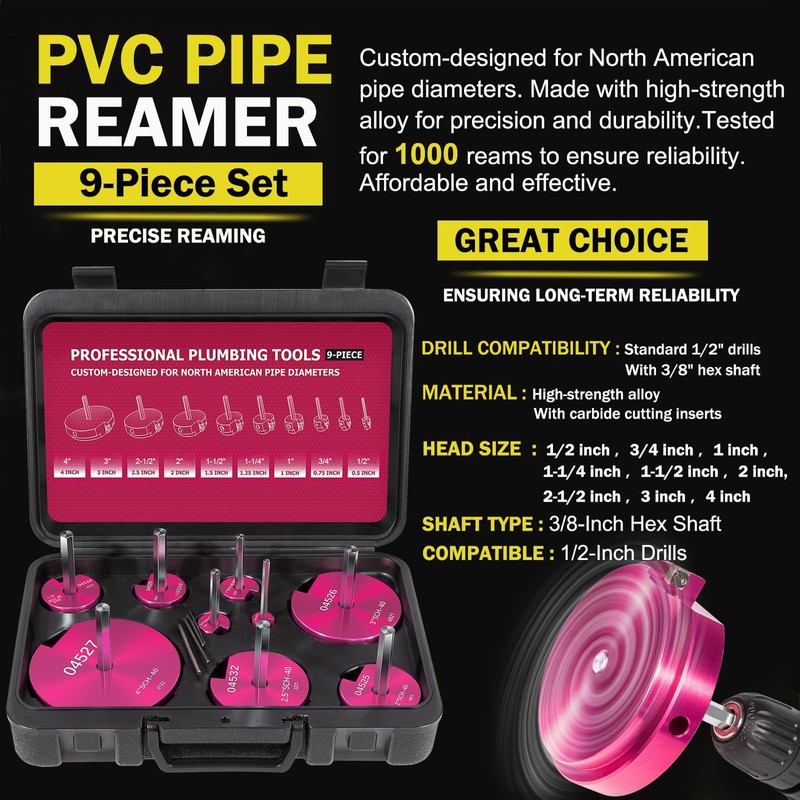 Premium 9-Piece PVC Pipe Reamer Kit, Includes Sizes 1/2", 3/4",
