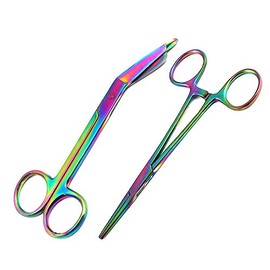 PRECISE CANADA: New Premium Lister Bandage Scissors 5.5" + HEMOSTAT Forceps Straight Multi Color Rainbow Color Stainless Steel (Set of 2)