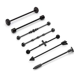 PiercingJak 7-10pcs 14G 16G Stainless Steel Long Industrial Barbells Ear Cartilage Helix-Conch Piercing Bar Earrings Stud 38mm 48mm 59mm