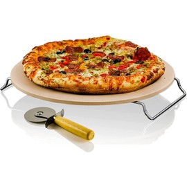OVENTE 13" Round Pizza Stone for Oven and Grill, Heat Resistant Ceramic Flat Baking Stone with Cutter Wheel, Metal Rack Stand, Ideal for Making Crisp Crust Pizza, Bread, Cookies & More, Beige BW10132