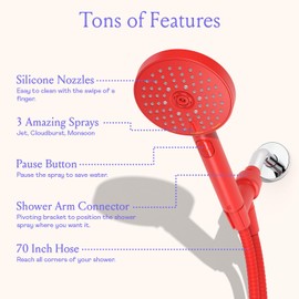 Sproos Handheld Shower Head, high pressure, 3 spray functions plus pause, extra long 70 inch hose, silicone nozzles, 4 colors (White)