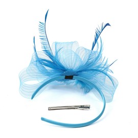 Women's Fascinator Headband with Feather Flapper Bridal Headdress - Pillbox & Mini Top Hat Hair Clips - Race, Derby & Ascot Hat for Evening Party Prom (Lake Blue)