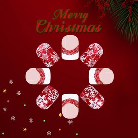 French Tip Press on Nails Short Square Fake Nails Red Gradient Glitter Stick on Nails Christmas Acrylic Nails with Snowflake Designs Full Cover Winter False Nails for Women Girls DIY Nail Art 24Pcs