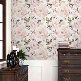 REDAMANCY Pale Pink Watercolor Floral Rose Flower Peel and Stick Wallpaper Stick on Contact Paper Vintage Wall Paper Easy Peel Off for nightstand Drawer Cabinet Renter