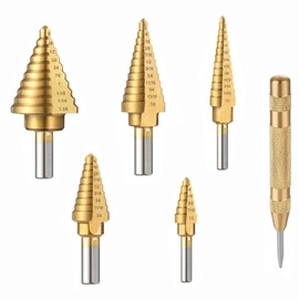 5 PCS Step Drill Bit, Automatic Center Punch, 50 Size High Speed Steel Unibit Drill Bits 118° X-Shaped Split Tip, Step Drill for Metal, Wood Plastic DIY with Case