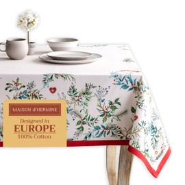 Maison d' Hermine 100% Cotton Table Cover - 54"x72" Rectangle Decorative Tablecloth - Washable Tablecloths for Dining, Home, Farmhouse & Party - for Thanksgiving & Christmas - Holly Time Collection