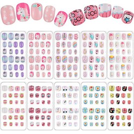 240 Pieces Children False Nails Kids Girls Press on Short Artificial Fake Nails Cute Pre Glue Full Cover Acrylic Nail Tip Kit for Children Little Girl