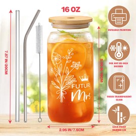 Engaged Gifts for Her, Bride To Be Gifts, Bridal Shower Gift, Engagement Gifts for Women, Bachelorette Gifts for Bride, Wedding Gift - Future Mrs 16 Oz Glass Cup with Lid Straw