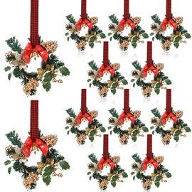Zeyune 12 Pcs Christmas Kitchen Cabinet Wreaths with Plaid Bow Ribbon Hanging Cabinet Doors Wreaths Decorative for Kitchen Window Outdoor Indoor Holiday Decor, 14.96 x 7.87'' (Vivid Style)