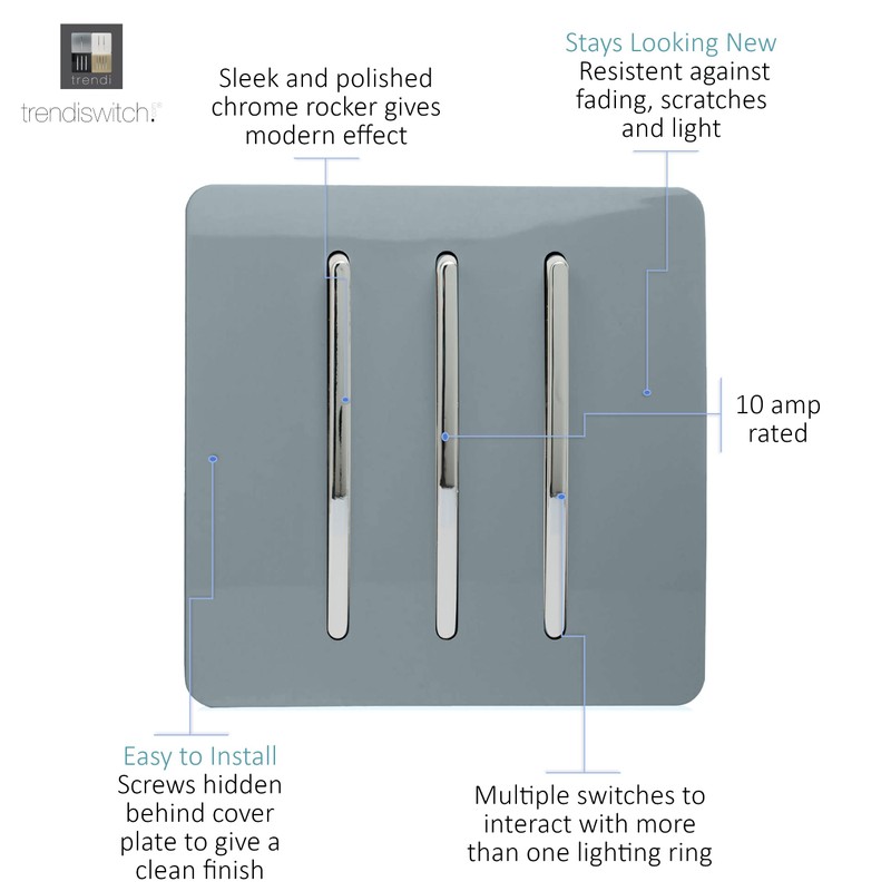 Trendi 3 Gang 2 Way 10 Amp Rocker Chrome Light