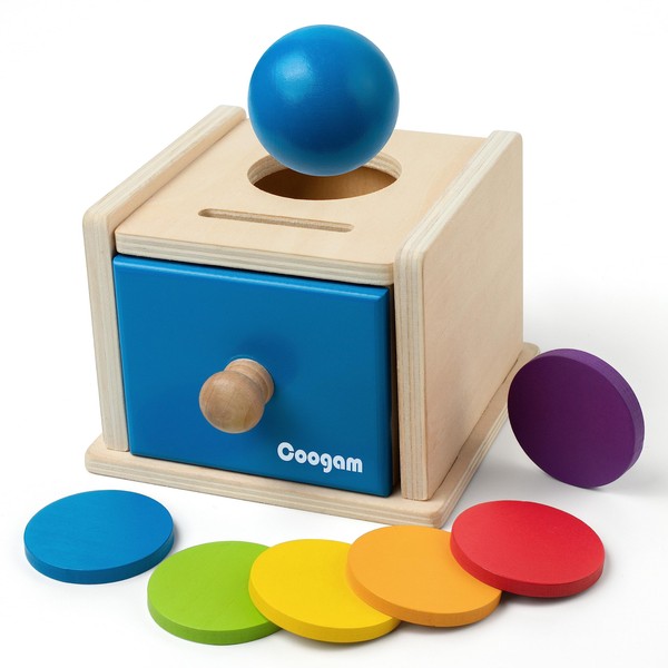 Coogam Wooden Montessori Coin Box Color Shape Sorting Matching Baby Toys, 2-in-1 Drop Box Object Permanent Box, Toddler Educational Learning Toy Gift for 1 2 3 Years Old