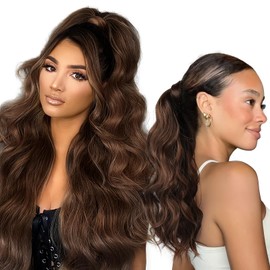 SEIKEA Half Up Half Down Ponytail Extension Set, 4PCS 16" Long Wavy Clip in Hair Extensions 3 Style in 1 Tangle-Resistant Natural Soft Thick Fake Wrap Around Ponytail Synthetic Hairpiece Mixed Brown