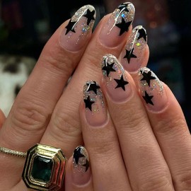 Press on Nails Medium Almond Fake Nails with Black Stars Designs Gold Glitter French Glue on Nails Translucent Artificial False Nails Reusable Stick on Nails for Women 24 Pcs