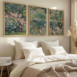 Farmhouse Abstract Landscape Wall Art Vintage Oil Painting Prints Vintage Spring Wildflower Wall Art Impressionist Garden Pond Floral Wall Art Set of 3 for Living Room Bedroom Home 12x16 Inch Unframed