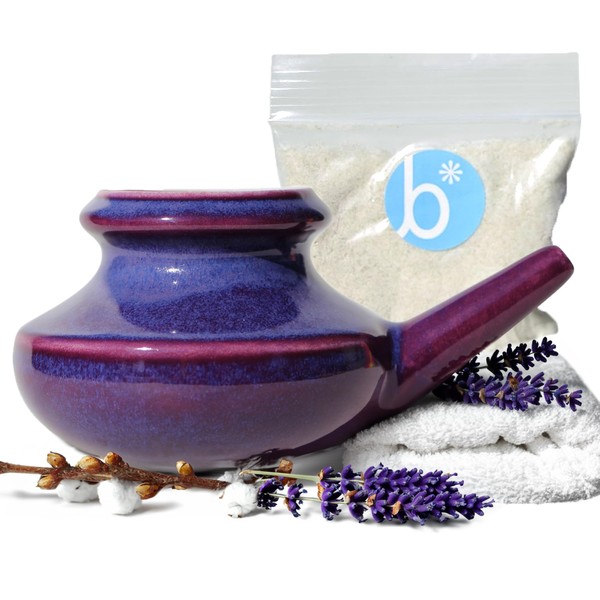 Baraka Neti Pot (Purple) Tool Kit for Home w/ 2 oz Mineral Sea Salt Rinse - Handcrafted Ceramic Dishwasher Safe - Relaxing Gifts for Women - Snoring & Saline Solution