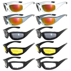 OWL 10 Pack Wholesale Motorcycle Riding Glasses for Men and Women, Foam Padded Wind Blocker Sunglasses for Day and Night Driving White, Silver, Black, Pink, Camo