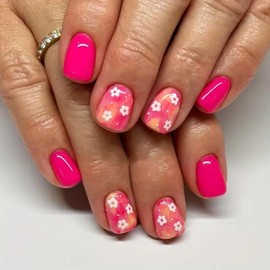 Hot Pink Flower Press on Nails Short Square Fake Nails with Cute Floral Design Stick on Nails Glossy Full Cover False Nails Press ons Acrylic Glue on Nails for Women Girl Nails Art Decoration 24Pcs