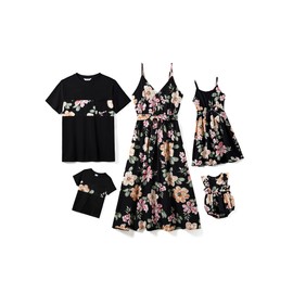 PATPAT Family Matching Outfits Mom and Daughter Matching Outfits Casual Floral Print Spaghetti Strap Mommy and Me Hawaiian Dress Boho Beach Allover Black Floral Print Hawaiian Dresses for Women L
