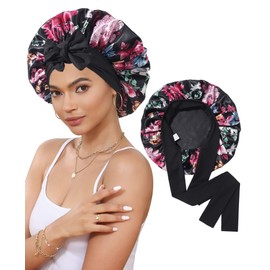 Satin Bonnet Silk Bonnet for Sleeping Silk Sleep Cap Double Layer Hair Bonnet with Elastic Tie Band for Curly Hair Night Cap(Black(Flower))
